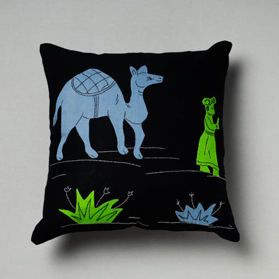 Black - Pipli Applique Work Cotton Cushion Cover (16 x 16 in)