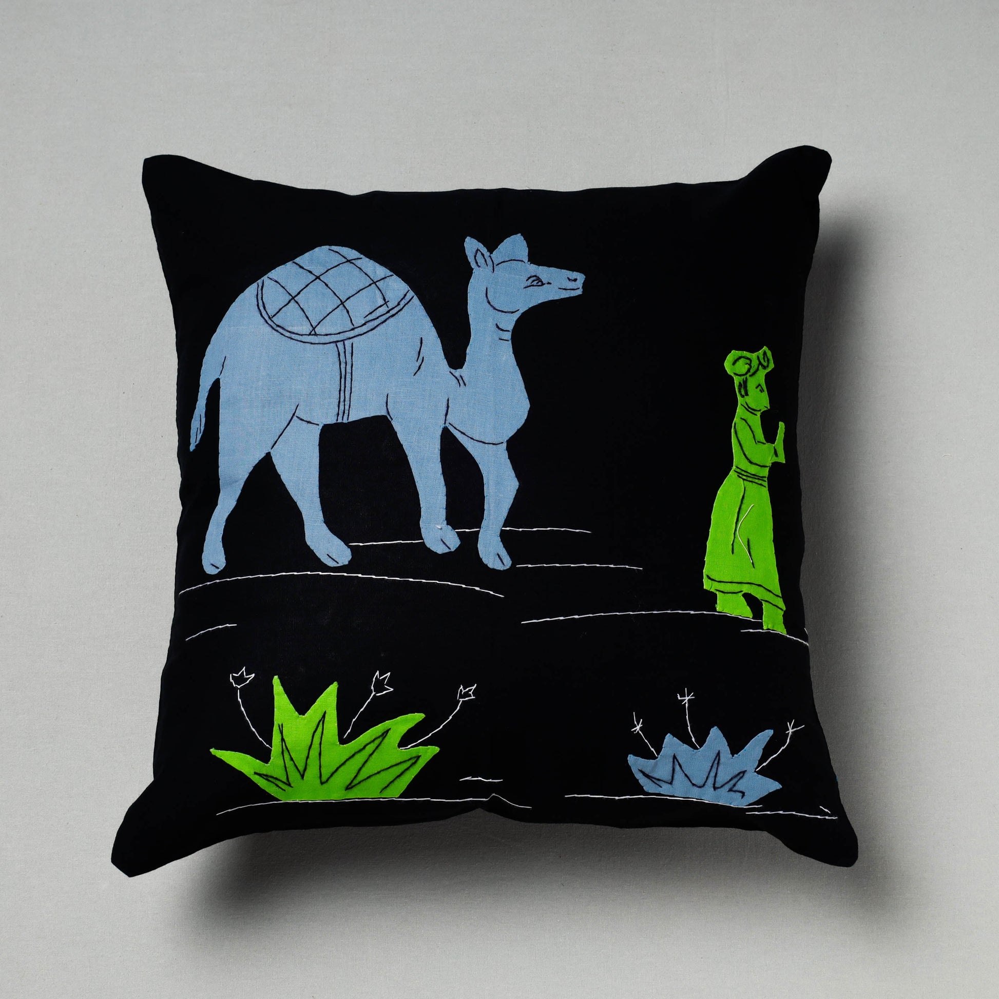 Black - Pipli Applique Work Cotton Cushion Cover (16 x 16 in)