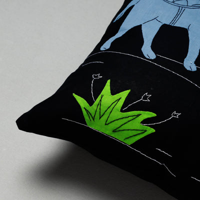 Black - Pipli Applique Work Cotton Cushion Cover (16 x 16 in)
