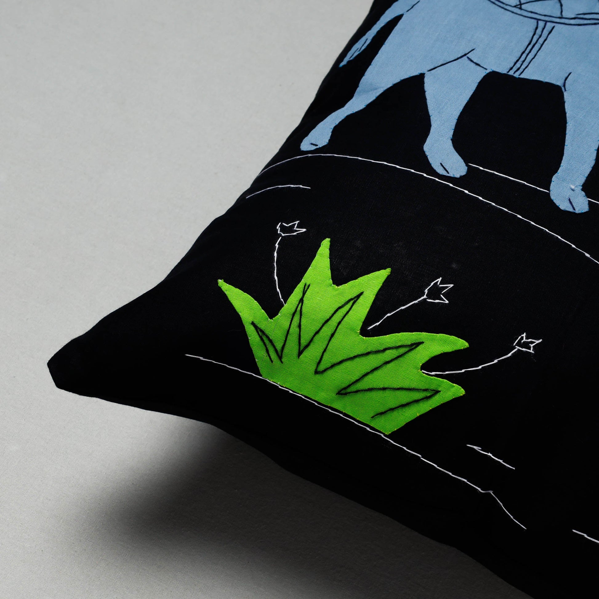Black - Pipli Applique Work Cotton Cushion Cover (16 x 16 in)