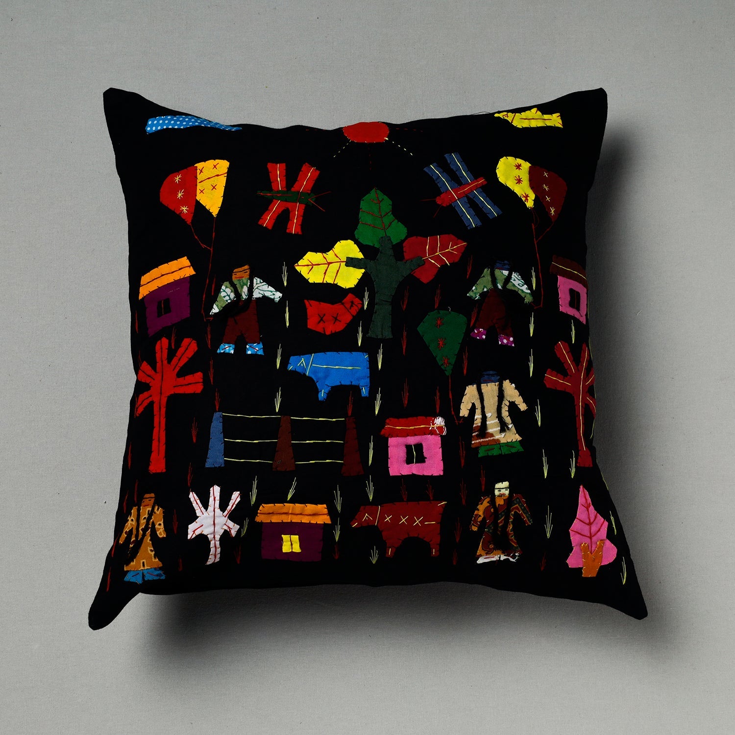 Black - Pipli Applique Work Cotton Cushion Cover (16 x 16 in) Assorted