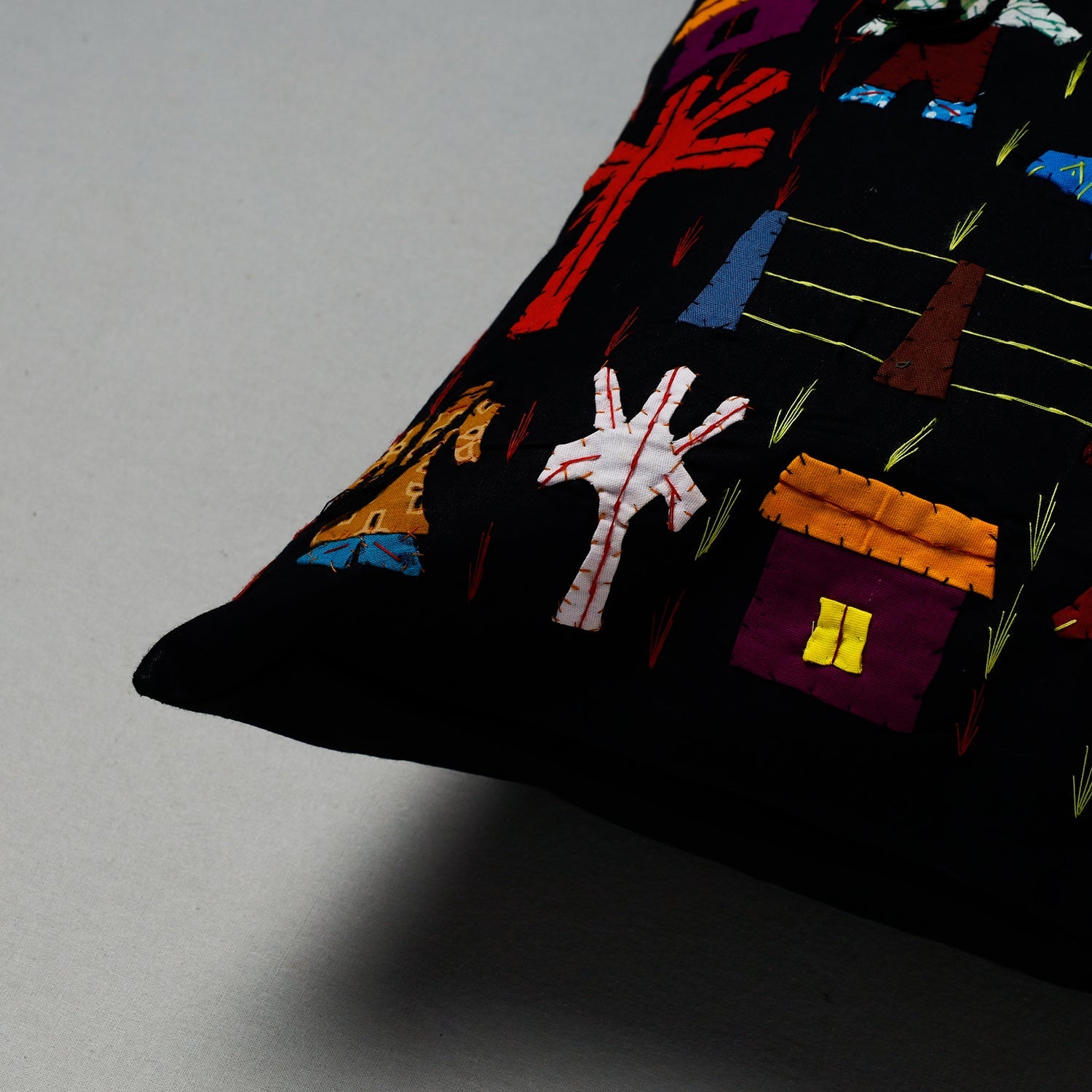 Black - Pipli Applique Work Cotton Cushion Cover (16 x 16 in) Assorted