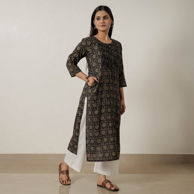 Black - Block Print Mul Cotton Straight Bagh Kurta 03