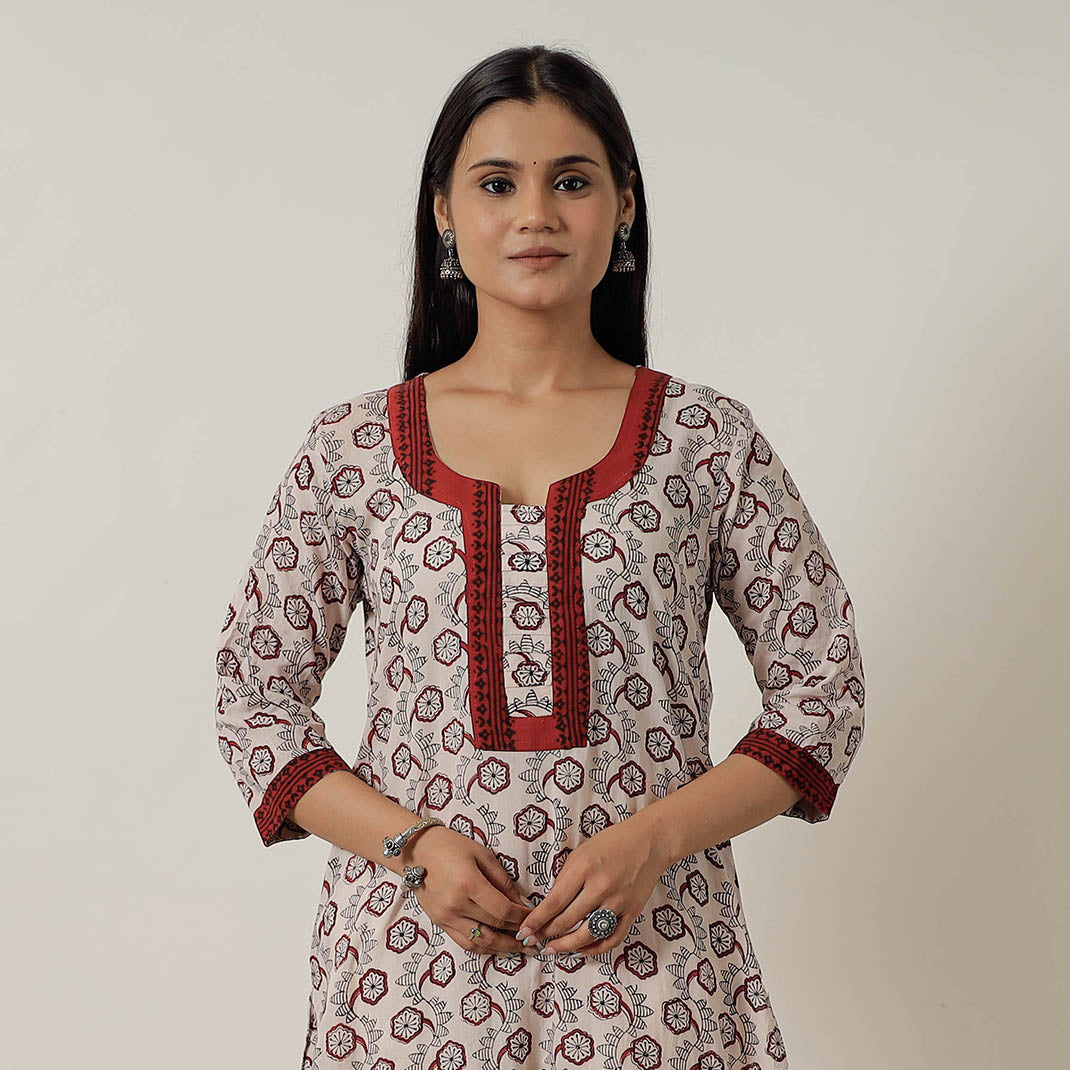 Beige - Block Print Mul Cotton Straight Bagh Kurta 08