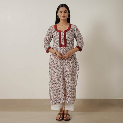 Beige - Block Print Mul Cotton Straight Bagh Kurta 08