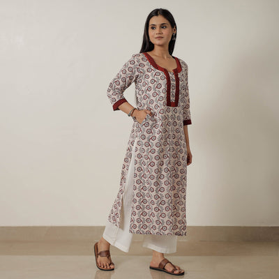 Beige - Block Print Mul Cotton Straight Bagh Kurta 08