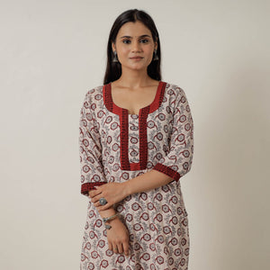 Beige - Block Print Mul Cotton Straight Bagh Kurta 08