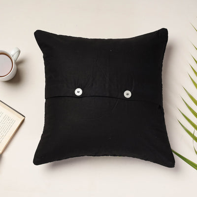 Black - Applique Quilted Cotton Cushion Cover (16 x 16 in)