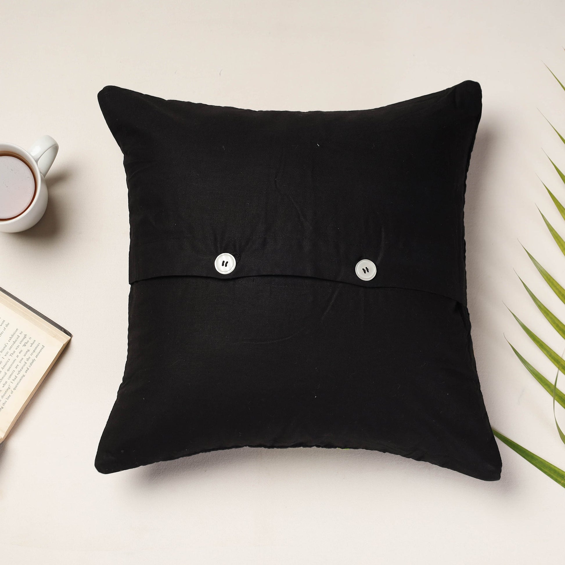 Black - Applique Quilted Cotton Cushion Cover (16 x 16 in)
