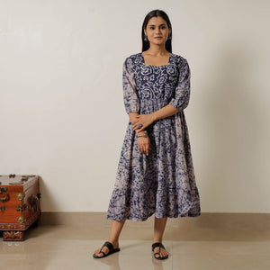 Blue - Hand Batik Printed Cotton Flared Dress 01
