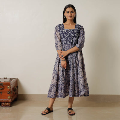 Blue - Hand Batik Printed Cotton Flared Dress 01