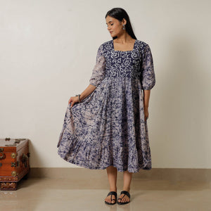 Blue - Hand Batik Printed Cotton Flared Dress 01