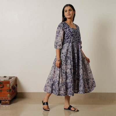 Blue - Hand Batik Printed Cotton Flared Dress 01