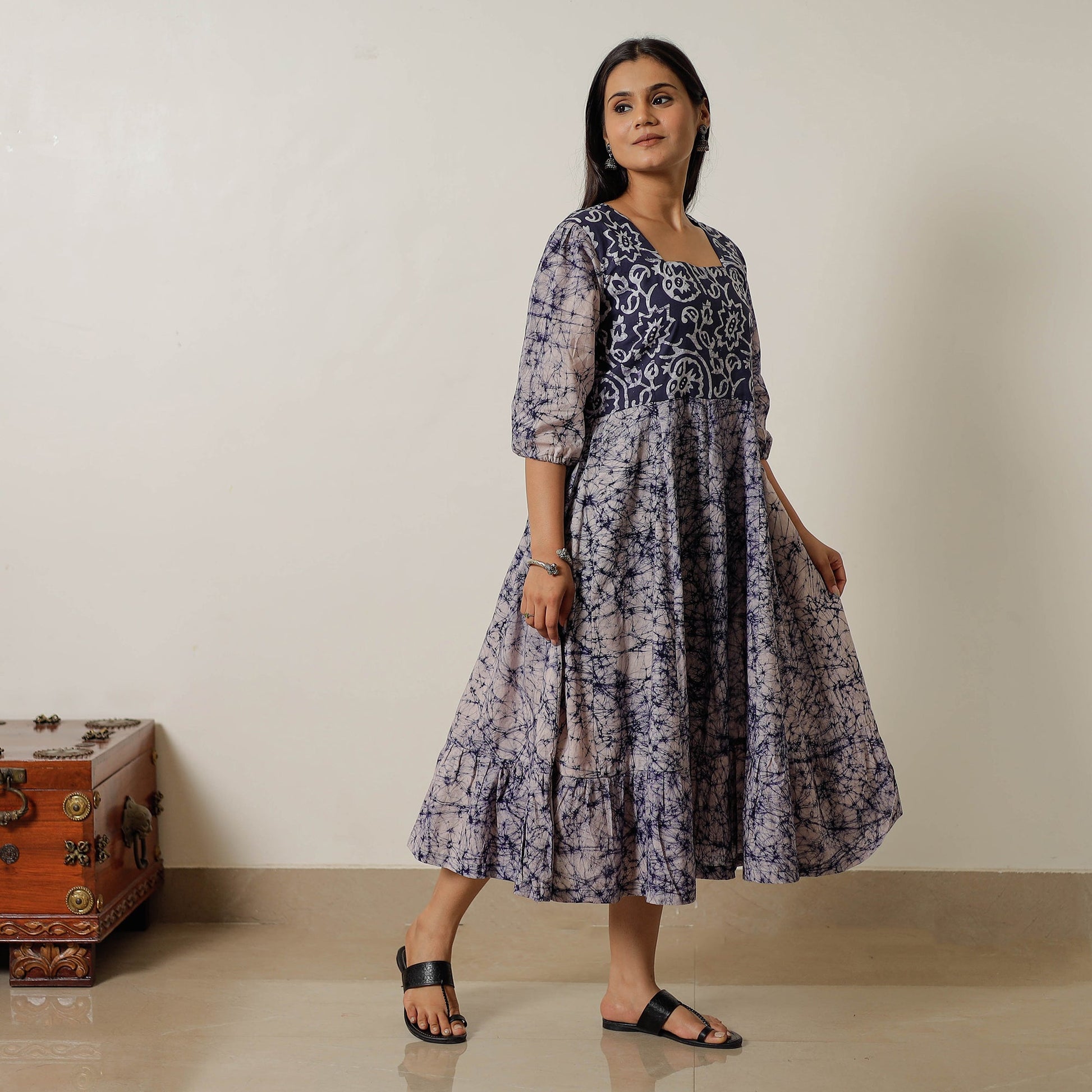 Blue - Hand Batik Printed Cotton Flared Dress 01
