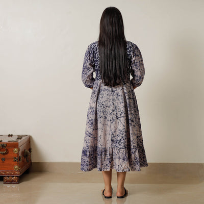 Blue - Hand Batik Printed Cotton Flared Dress 01