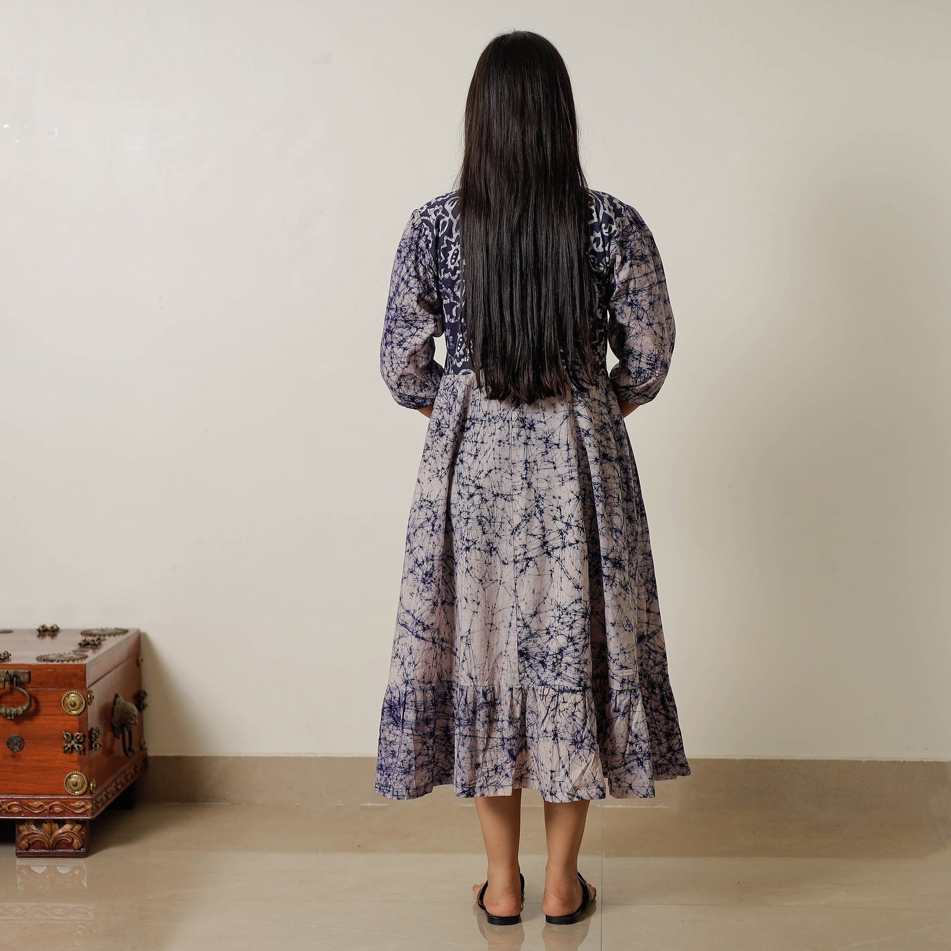 Blue - Hand Batik Printed Cotton Flared Dress 01