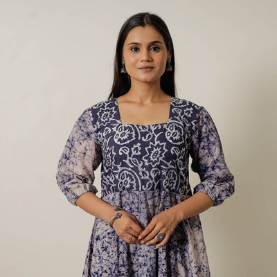 Blue - Hand Batik Printed Cotton Flared Dress 01
