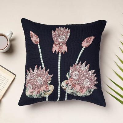 Black - Applique Quilted Cotton Cushion Cover (16 x 16 in)