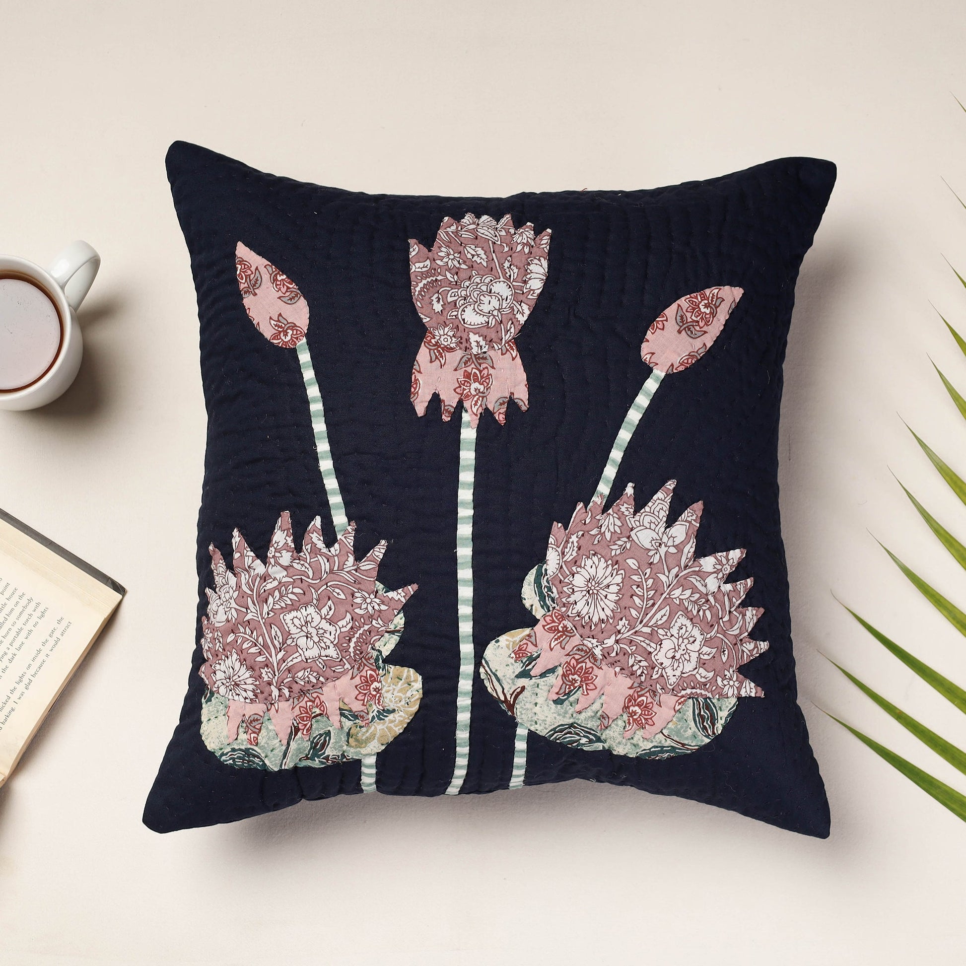 Black - Applique Quilted Cotton Cushion Cover (16 x 16 in)
