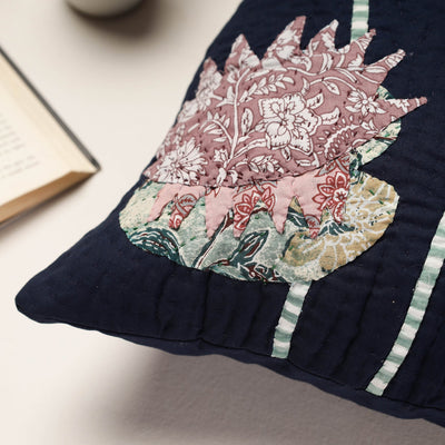 Black - Applique Quilted Cotton Cushion Cover (16 x 16 in)