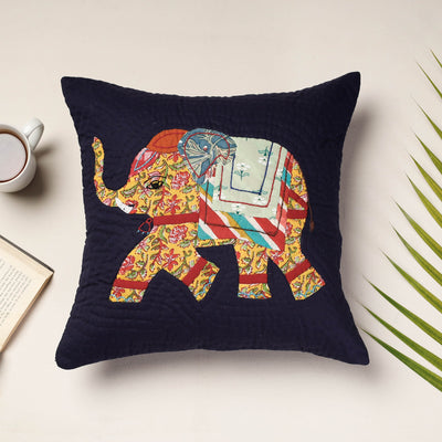 Blue - Applique Quilted Cotton Cushion Cover (16 x 16 in)