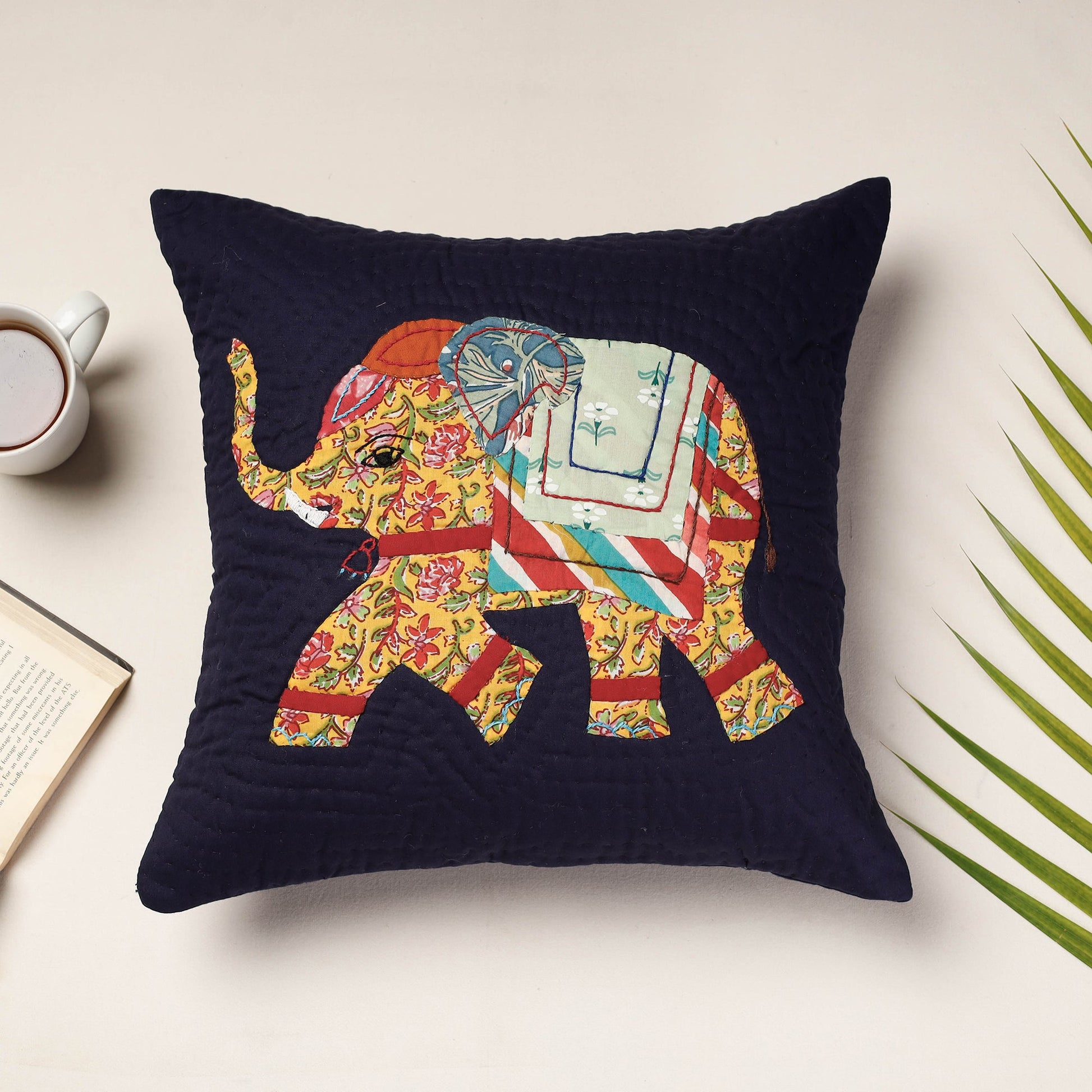 Blue - Applique Quilted Cotton Cushion Cover (16 x 16 in)