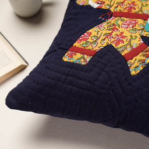 Blue - Applique Quilted Cotton Cushion Cover (16 x 16 in)