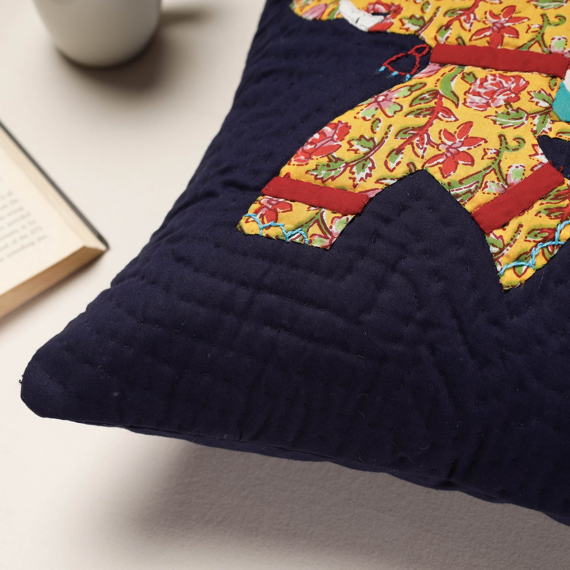 Blue - Applique Quilted Cotton Cushion Cover (16 x 16 in)
