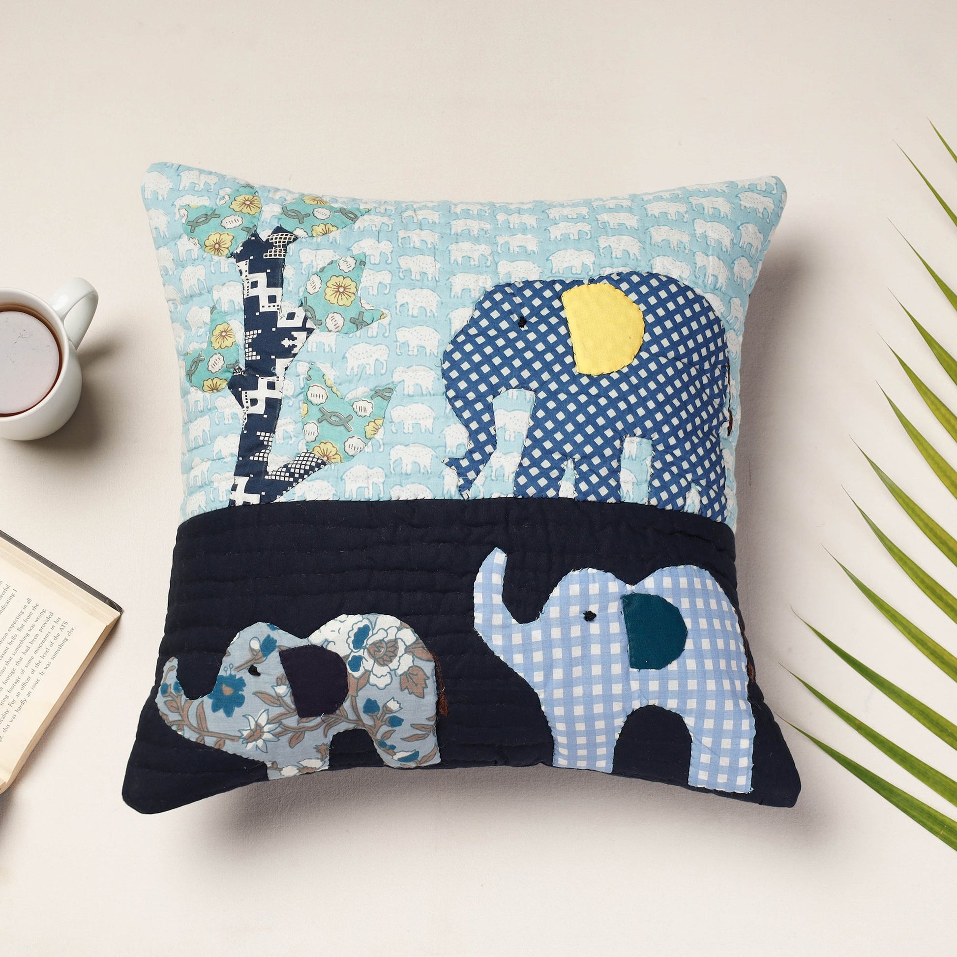 Blue - Applique Quilted Cotton Cushion Cover (16 x 16 in)