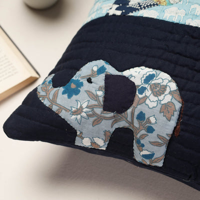 Blue - Applique Quilted Cotton Cushion Cover (16 x 16 in)