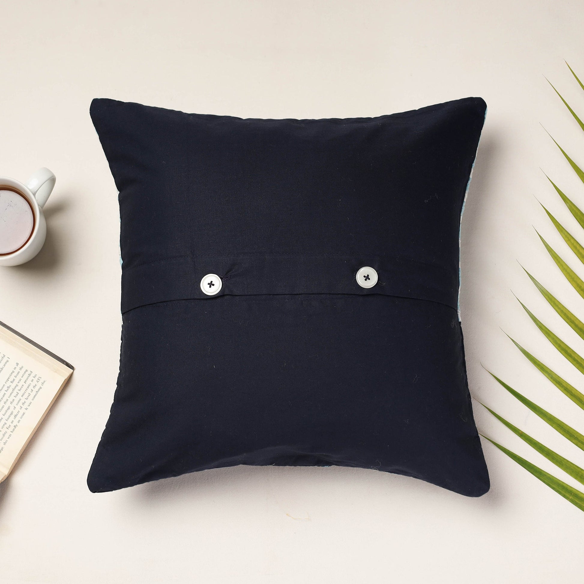 Blue - Applique Quilted Cotton Cushion Cover (16 x 16 in)