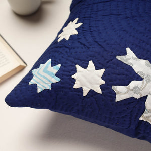Blue - Applique Quilted Cotton Cushion Cover (16 x 16 in)