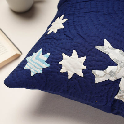 Blue - Applique Quilted Cotton Cushion Cover (16 x 16 in)