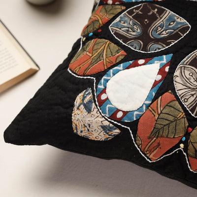 Black - Applique Quilted Cotton Cushion Cover (16 x 16 in)