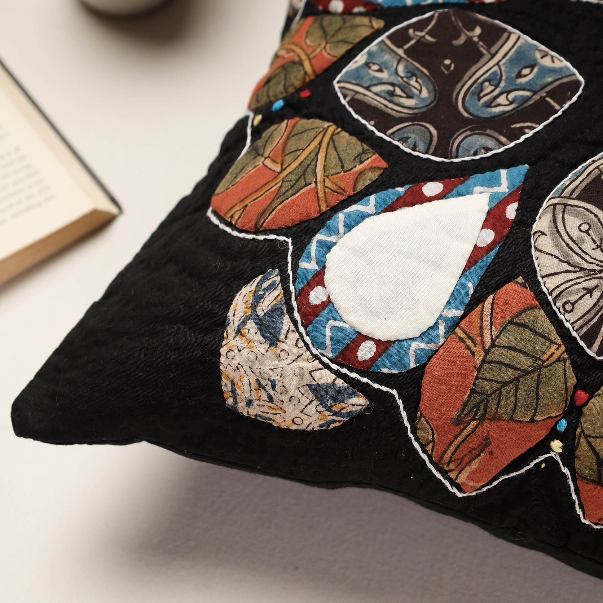Black - Applique Quilted Cotton Cushion Cover (16 x 16 in)