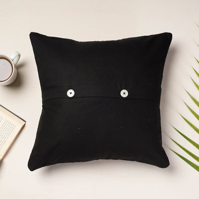 Black - Applique Quilted Cotton Cushion Cover (16 x 16 in)