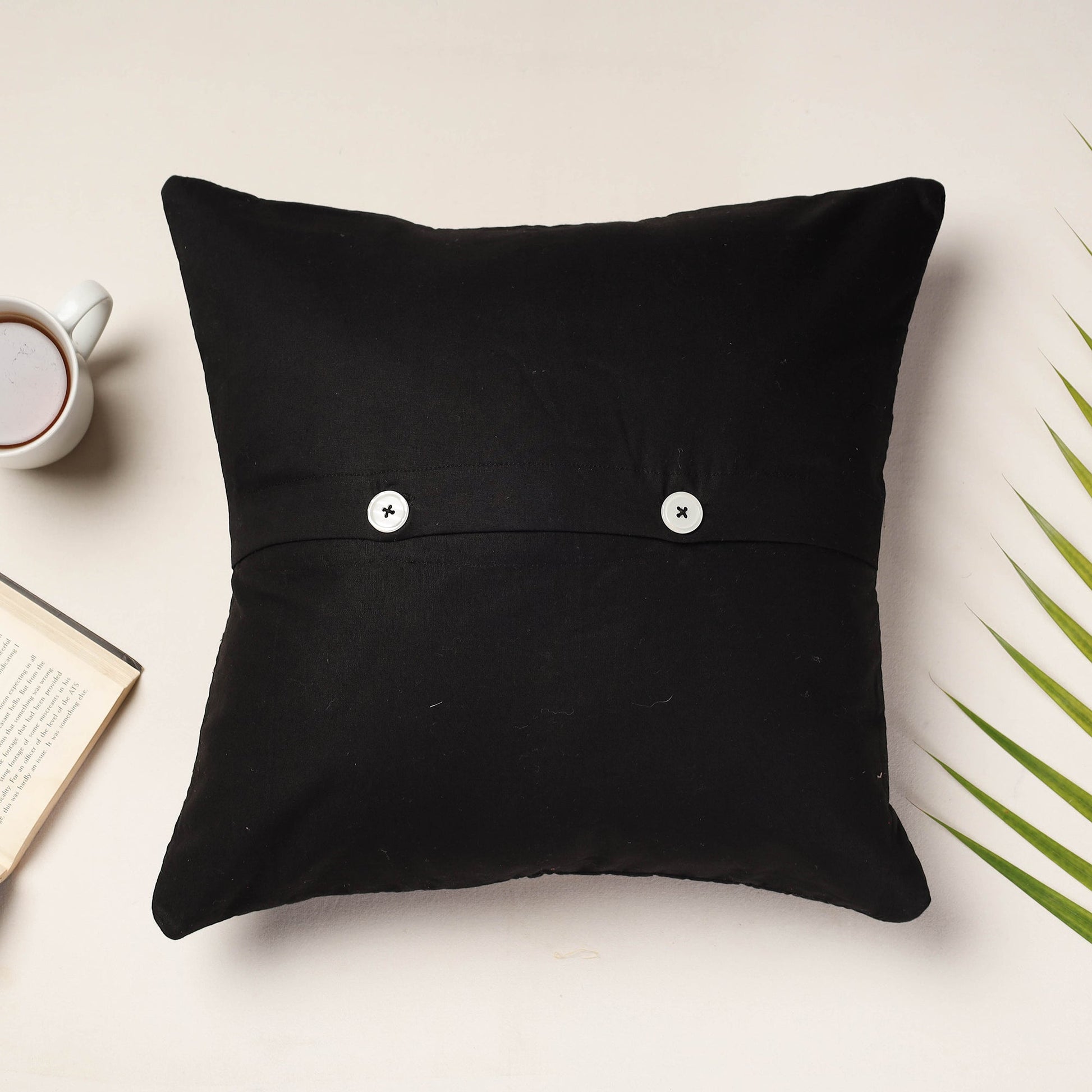 Black - Applique Quilted Cotton Cushion Cover (16 x 16 in)
