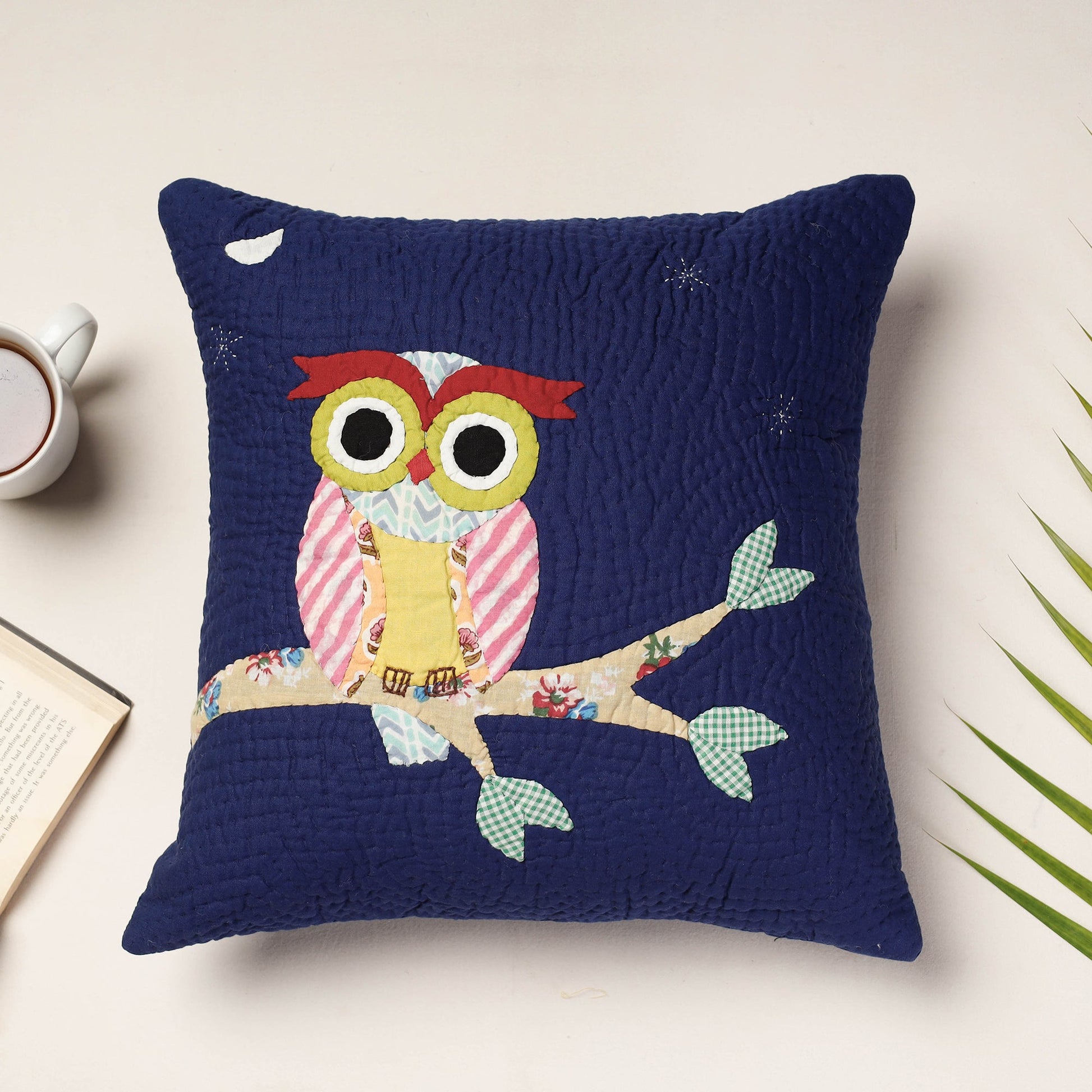 Blue - Applique Quilted Cotton Cushion Cover (16 x 16 in)
