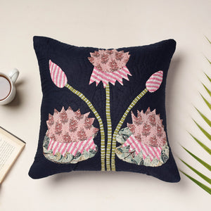Black - Applique Quilted Cotton Cushion Cover (16 x 16 in)
