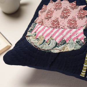 Black - Applique Quilted Cotton Cushion Cover (16 x 16 in)
