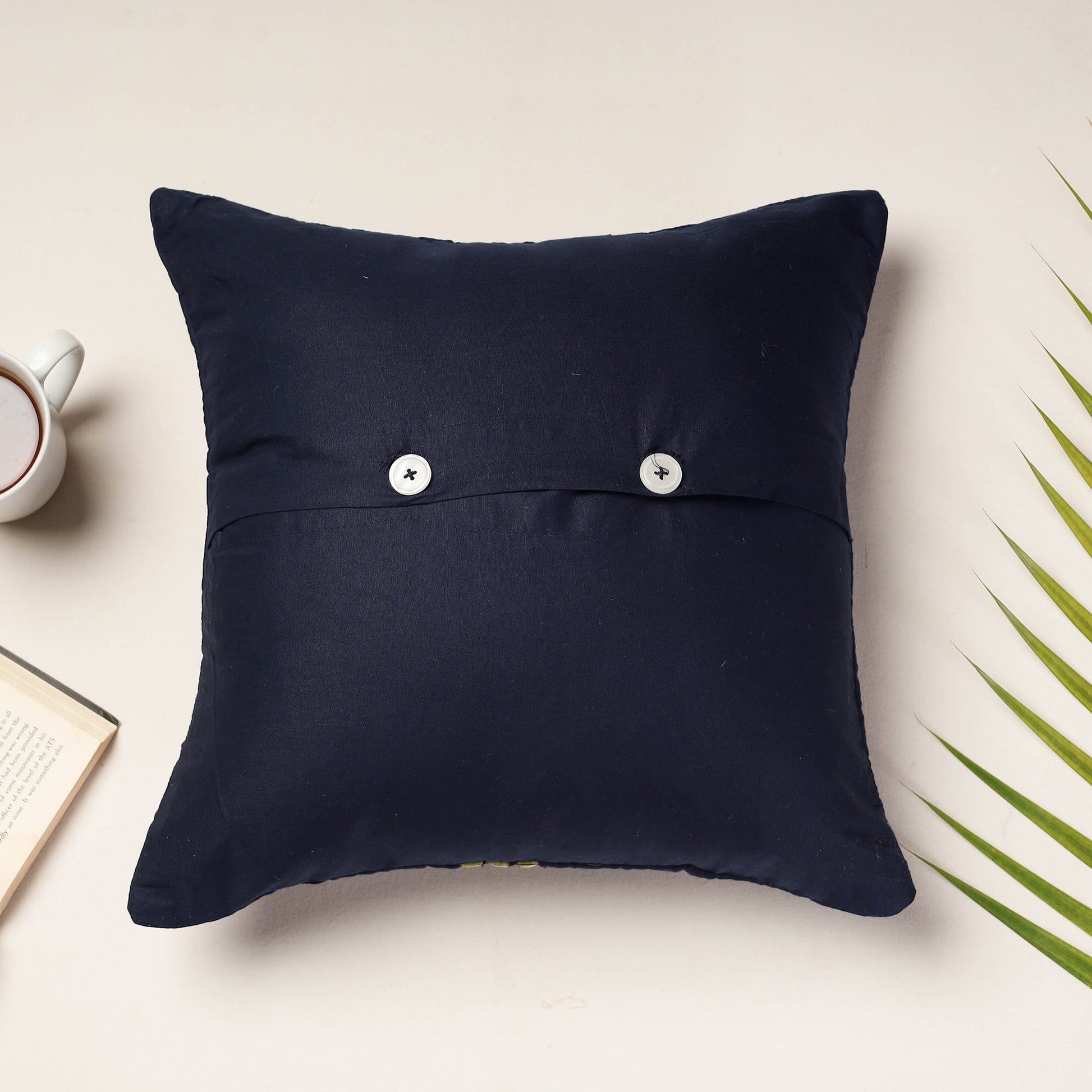 Black - Applique Quilted Cotton Cushion Cover (16 x 16 in)