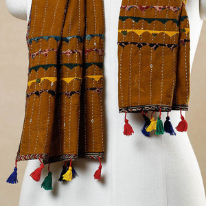 Brown - Kutch Tagai Work Ajrakh Border Cotton Stole with Tassels