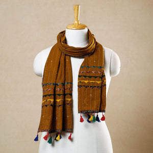 Brown - Kutch Tagai Work Ajrakh Border Cotton Stole with Tassels