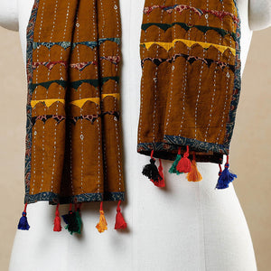 Brown - Kutch Tagai Work Ajrakh Border Cotton Stole with Tassels