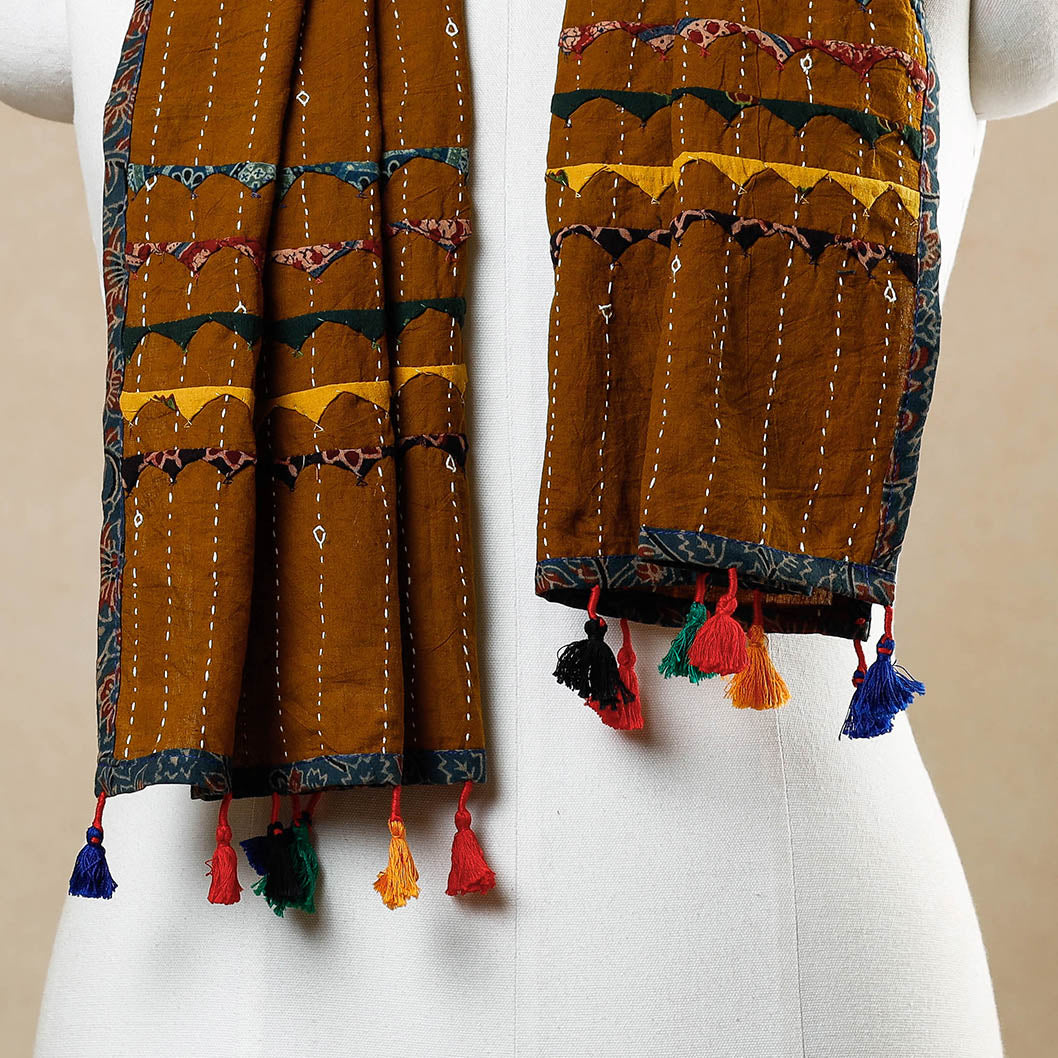 Brown - Kutch Tagai Work Ajrakh Border Cotton Stole with Tassels