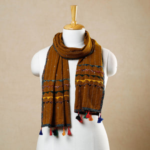 Brown - Kutch Tagai Work Ajrakh Border Cotton Stole with Tassels