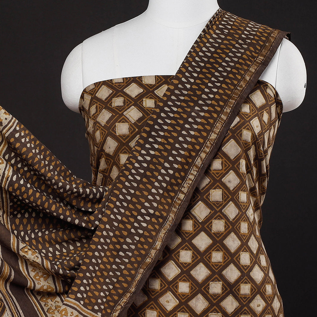Brown - 3pc Akola Block Printed Cotton Suit Material Set