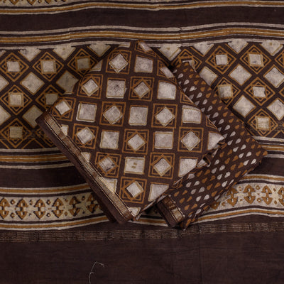 Brown - 3pc Akola Block Printed Cotton Suit Material Set