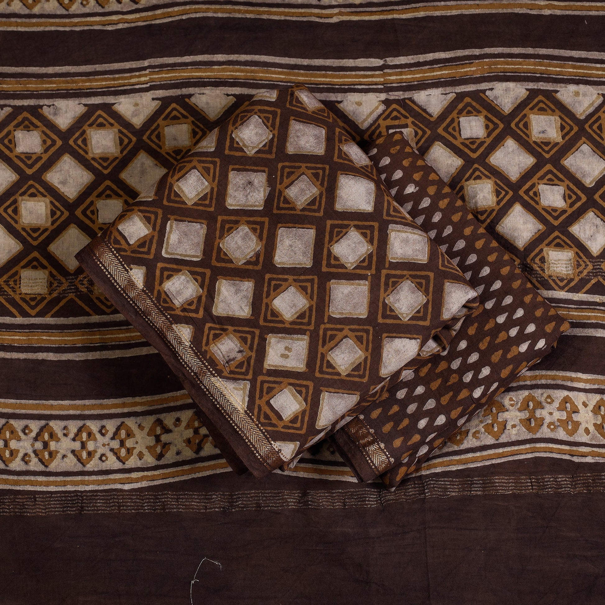 Brown - 3pc Akola Block Printed Cotton Suit Material Set