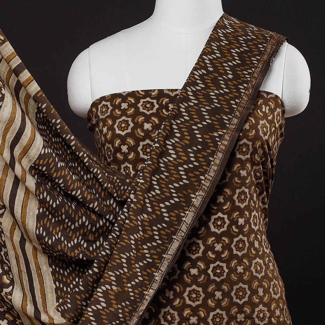 Brown - 3pc Akola Block Printed Cotton Suit Material Set